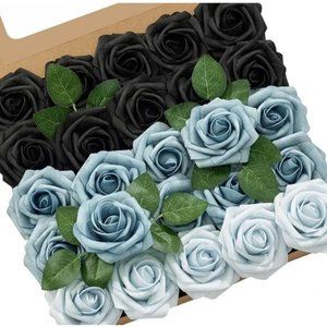 25 Count | Black & Blue Artificial Flowers Wedding Bouquet Roses ~ New
